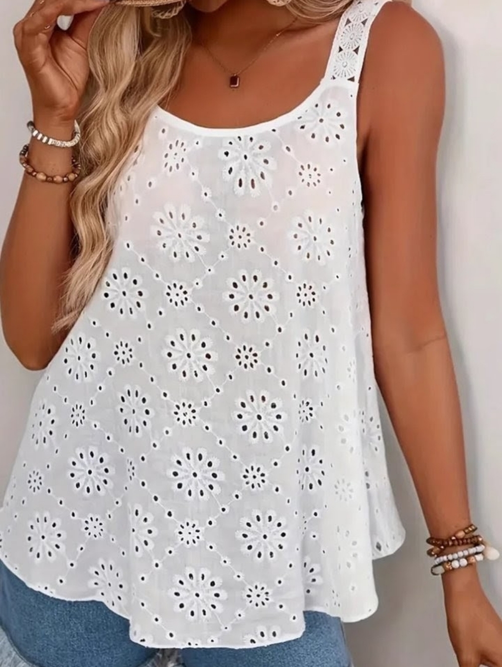 Plus Size White Sheer Eyelet Lace Sleeveless Swing Tank Top  with Crochet Straps